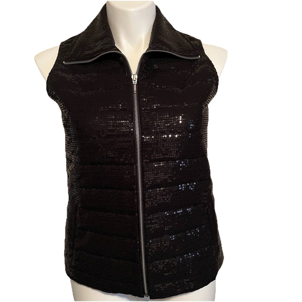 Chicos Black Puffer Vest‎ Full Zip All Over Sequin Sparkle Women's 1 (M) Quilted